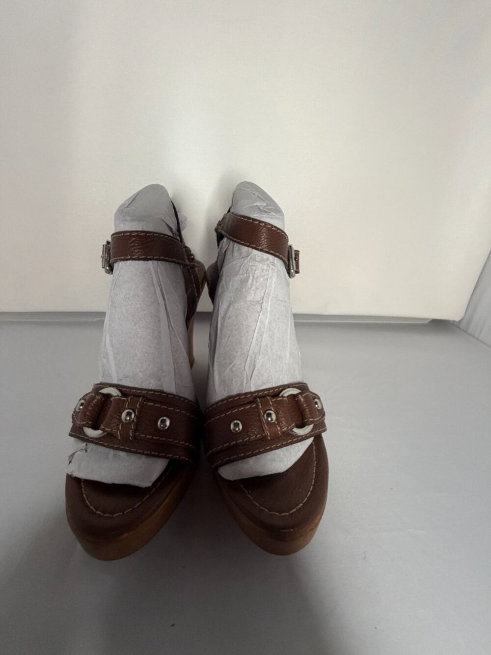 🌿 Banana Republic Leather Wooden Wedge Ankle Strap Sandals 7.5 🌿
